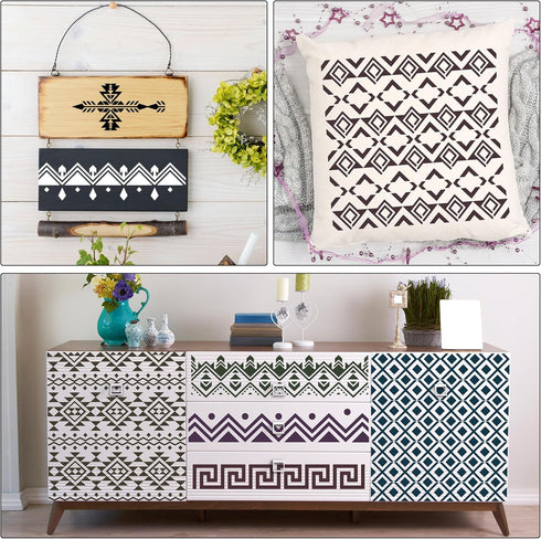Aztec Stencils for Painting - 12 Pcs Boho Borders Pattern Stencils for Painting, Reusable DIY Stencils for Painting on Wood Canvas Wall, Basic Azt...