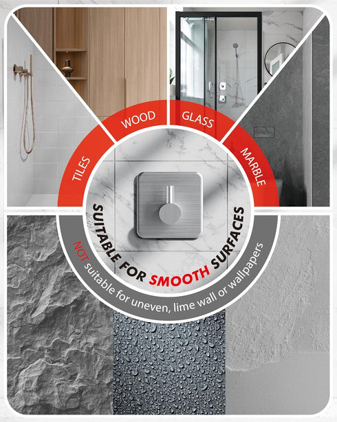 Adhesive Hooks Heavy Duty 22lb(Max) Wall Hooks, 5 Pack Self Adhesive Damage Free Utility Hooks Stainless Steel for Towel Coat Robe, Waterproof Oil...