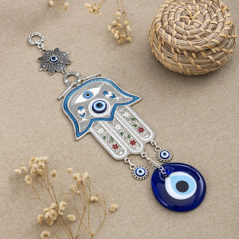 Turkish Blue Hamsa Hand of Mother Fatima Evil Eye Wall Hanging Ornament - Turkish Nazar Bead Amulet – Good Luck Charm Gift -Metal Home Protection ...
