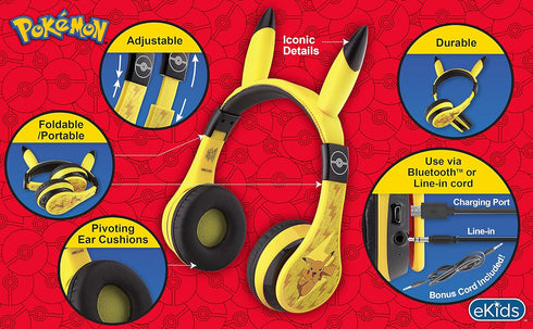 eKids Pokemon Kids Bluetooth Headphones, Wireless Headphones with Microphone Includes Aux Cord, Volume Reduced Kids Foldable Headphones for School...