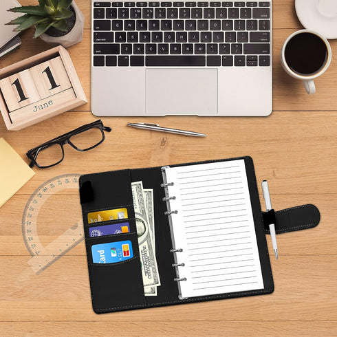 PU Leather Budget Binder Notebook Planner with 40 Pages Loose-Leaf Filler Paper, Stainless Ring Binder, 6 Zipper Bags, 10 Category Stickers, 2 Pen...