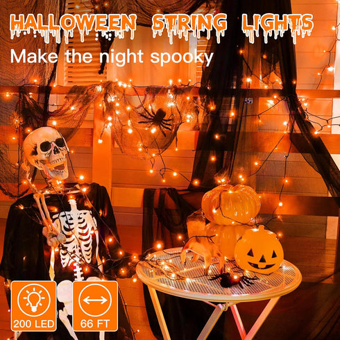 66 FT 200 LED Halloween Lights, Orange Outdoor String Lights with 8 Lighting Modes, Waterproof Fairy Lights for Christmas Outdoor Party Yard Garde...