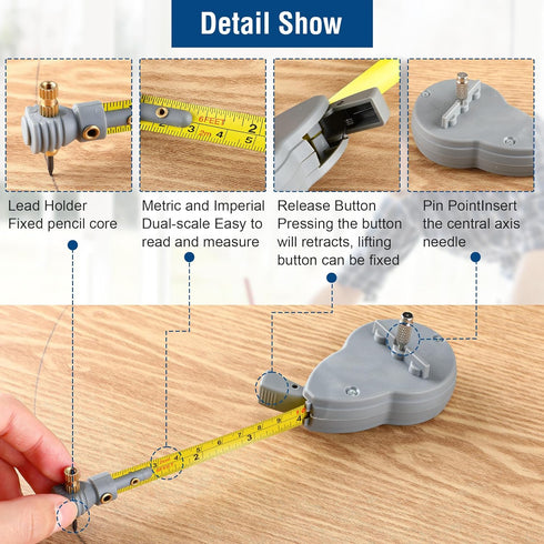 Dreyoo 6.56 ft Rotape Tape Measure Compass with 10 Pencil Leads, Measure Beam Compass for Drawing Circles and Lines, Retractable Circle Drawing To...