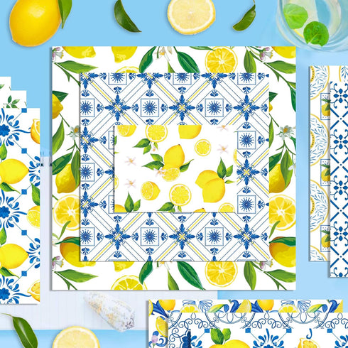 24 Sheets Lemon Scrapbook Paper Pad Double-Sided Blue Tiles Yellow Lemon Patterned Decorative Craft Paper for Card Making Photo Album Journal DIY ...