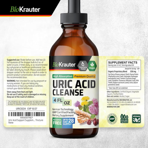 BIO KRAUTER Uric Acid Support Tincture - Natural Kidney Supplement w/Tart Cherry, Milk Thistle, Turmeric Herbal Liquid Extracts - Vegan Drops 4 Fl...
