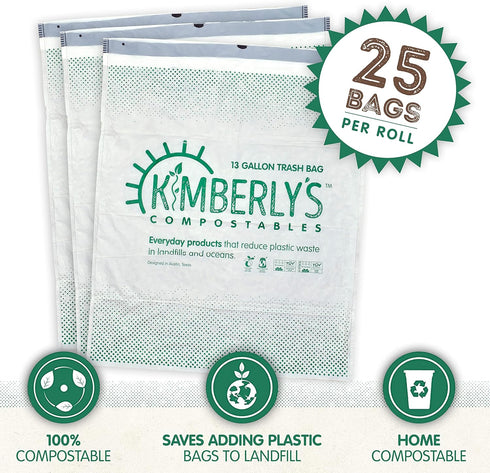 KC’s Compostable Tall Kitchen Trash Bags 13 Gallon, 25 Bags | Easy-Tie Drawstring Closure, 3X Extra Durable & Plant-Based Compostable Garbage Bags...