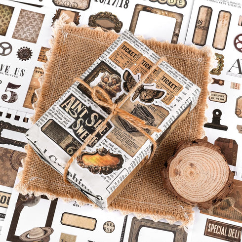 595PCS Vintage Washi Sticker Book for Scrapbookling - 50 Sheets Brown Pre-cut Journaling Stickers, Ephemera for Junk Journal Supplies DIY Crafts A...