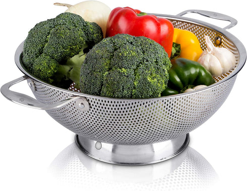 Stainless Steel Micro-Perforated 5-Quart Colander - Professional Strainer with Heavy Duty Handles and Self-draining Solid Ring Base - Dishwasher S...
