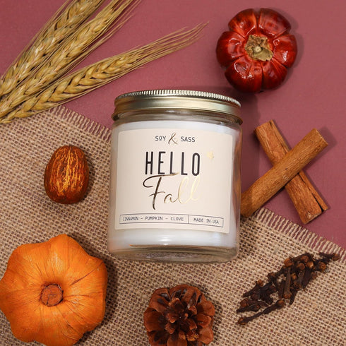 Fall Candles - 'Hello Fall' Fall Candle w/Cinnamon, Spice & Pumpkin Candle I Infused with Essential Oils I Autumn Fall Scented Candles I Pumpkin S...