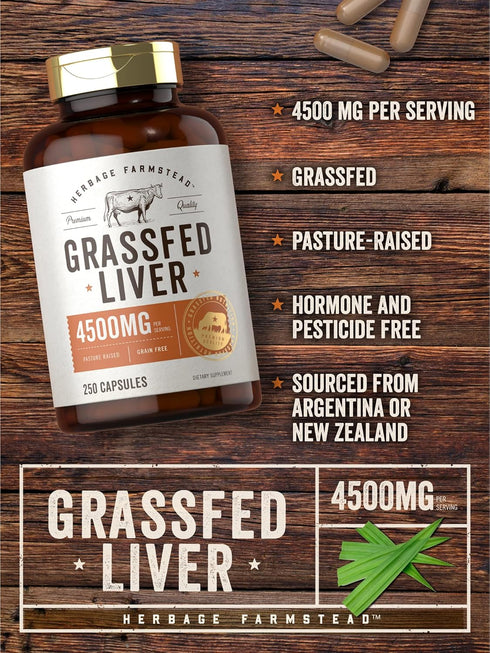 Carlyle Grass Fed Beef Liver | 4500mg | 250 Capsules | Desiccated Supplement | Non-GMO, Gluten Free | by Herbage Farmstead...