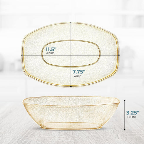 Posh Setting Disposable Oval Serving Bowls, Gold Glitter Plastic Serving Bowls, 4 Pack, 72 Ounce Large Plastic Disposable Party Snack, Buffet, Chi...
