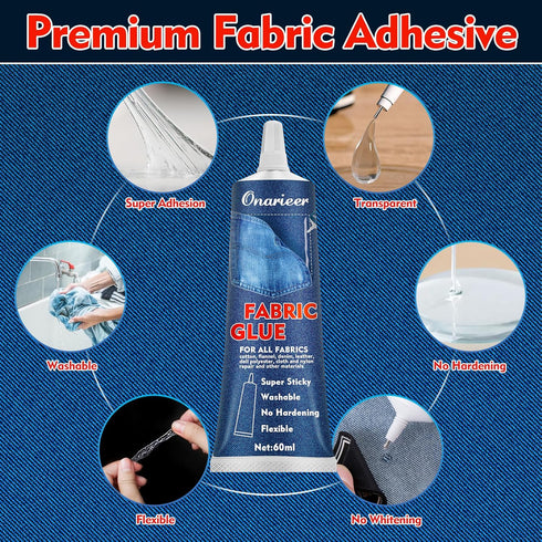 2x60ml Fabric Glue, Fabric Glue Permanent Clear Washable for Patches Drying Waterproof Fabric Adhesive Glue for All Fabrics, Clothes, Cotton, Flan...