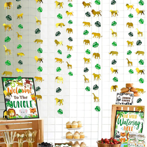 52Ft Gold Animal Green Palm Leaf Garland Banner Bunting Streamers Backdrop for Jungle Safari Animal Party Decorations Zoo Themed Wild One Forest 1...