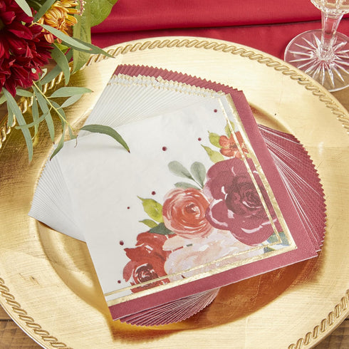 Kate Aspen Burgundy Blush Floral Paper Napkins, Thick Decorative Dinner Napkins, Luncheon Serveware, Perfect for Wedding Reception Or Bridal Showe...