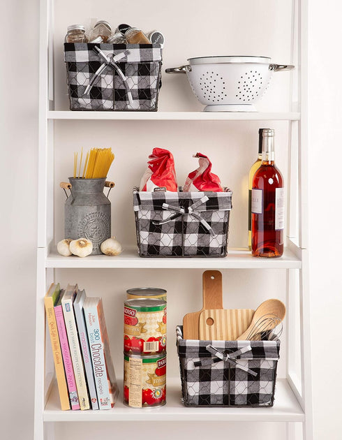 DII Farmhouse Chicken Wire Storage Baskets with Liner, Small, Vintage Black & White Check, 9x7x6", 3 Piece...