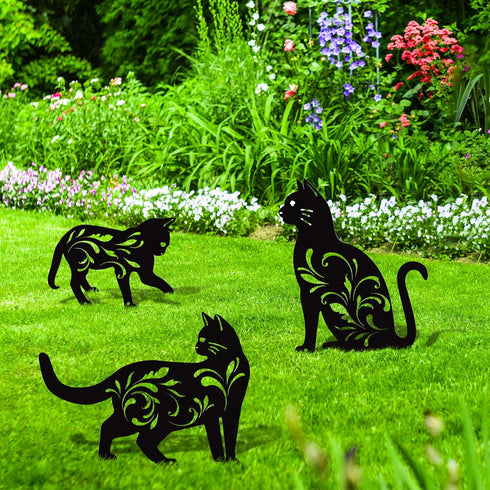 URATOT 3 Pack Metal Cat Garden Statues Black Cat Silhouette Cat Decorative Garden Stakes Garden Outdoor Statues Animal Stakes for Yard Decor and L...