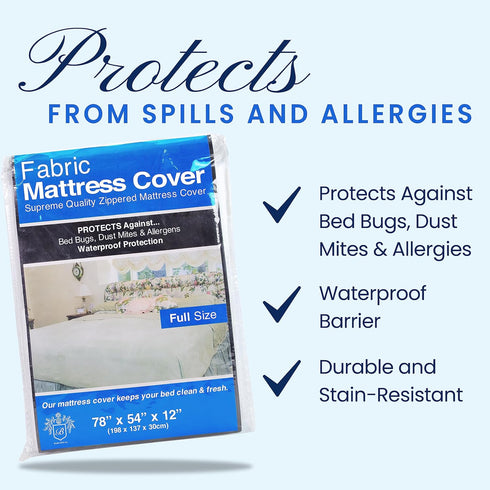 BRODER MFG. INC. - Full Size Mattress Protector, Soft and Smooth Mattress Cover, Waterprood White Fabric Bed Cover with Zipper, Machine-Washable M...