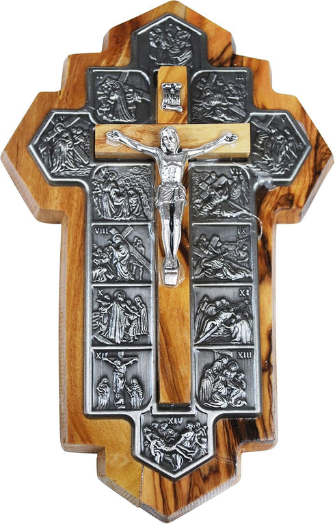 Olive Wood Crucifix - icon showing 14 Stations of the Cross etched on metal (14x9x1 cm or 5.5x3.5x.4 inch)...