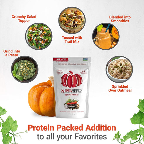 SuperSeedz Dry Roasted Pumpkin Seeds - Somewhat Spicy Pepitas, Whole 30, Paleo, Vegan & Keto Snacks, 8g Plant Based Protein, Produced In USA, Dair...