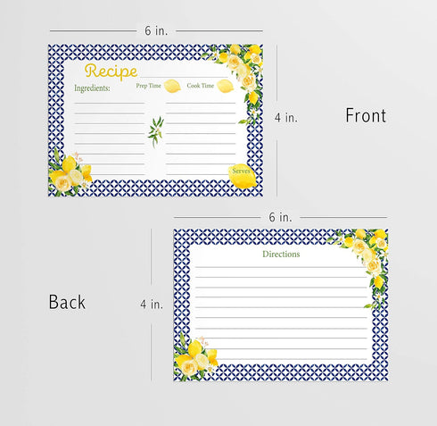 Recipe Cards, 4x6 Inches, 50 Fill-in-the-Blank Cards for Recipe Box (Mediterranean Lemon)...