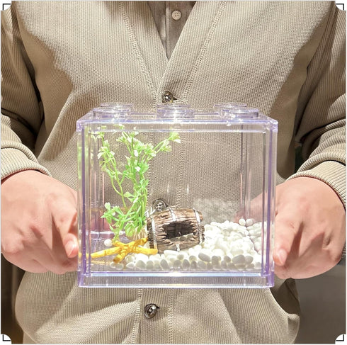 Small Betta Fish Tank, Stackable Mini Fish Tank Tiny Aquarium Tank Kit with Aquarium Gravel & Resin decorations, 0.6 Gallon Cube Desktop Fishbowl ...