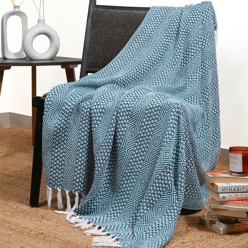 RAJRANG Rustic Throw Blanket with Decorative Tassel Cotton Throws Geometric Woven Soft Patio Comfy Blankets Teal Blue - 50 x 60 Inches...