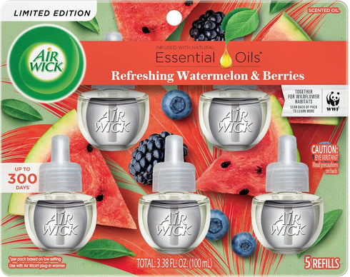 Air Wick Plug in Scented Oil Refill, 5 ct, Fresh Watermelon & Berries, Air Freshener, Essential Oils, Spring Collection...