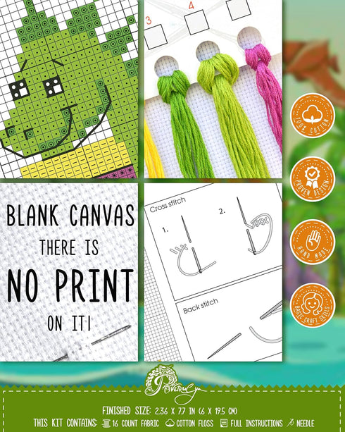 Povitrulya Counted Cross Stitch Kit - DIY Kits for Adults or Kids - Funny Embroidery Bookmark - Easy to Use - Craft Collection - T-Rex Dinosaur...