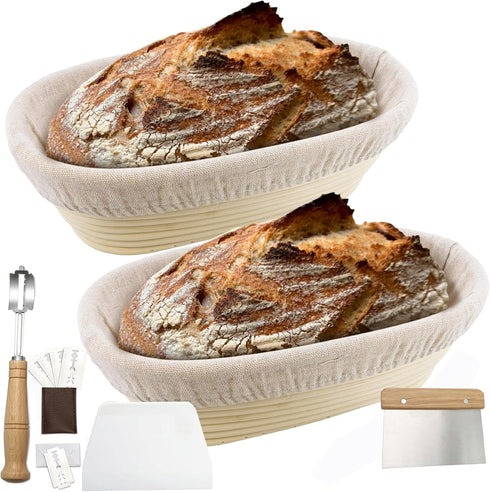 2 Pack 10 Inch Oval Bread Proofing Basket for Sourdough Bread - Bread Basket Baking Bowl With Bread Lame & 5 Blades,Dough Scraper and Linen Liner ...