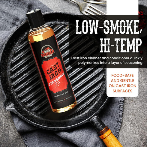 Heritage Products Cast Iron Seasoning Oil - Low-Smoke, Hi Temp All-Natural Skillet Conditioner for Dutch Oven, Griddle, Camp Grill – Cleans, Prote...