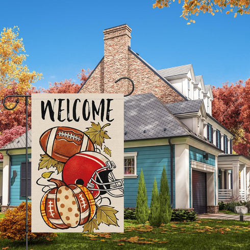 Fall Football Welcome Garden Flag 12 x 18 Inch Vertical Double Sided Burlap, Autunm Pumpkin Sports Game Day Flag for Yard Thanksgiving Holiday Out...