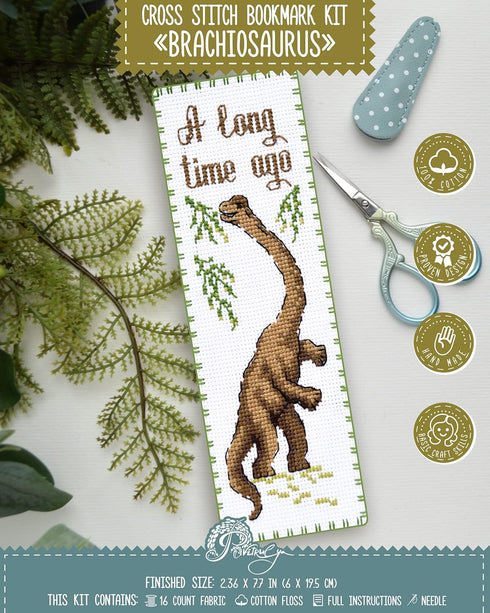 Povitrulya Dinosaur Counted Cross Stitch Kit Brachiosaurus - DIY Bookmark Set for Hand Embroidery...