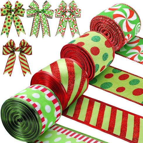 Riceshoot 4 Roll 40 Yards Christmas Green Red Ribbon Wired 1.97 Inch Christmas Glitter Stripe Ribbon Wide Green Red Wired Edge Xmas Polka Dot Ribb...