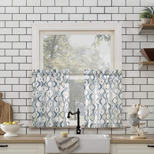 No. 918 Barker Geometric Semi-Sheer Rod Pocket Kitchen Curtain Valance and Tiers Set, 54" x 36", White...