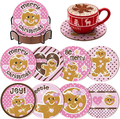 YLOLUL 8 PCS Christmas Diamond Art Coasters Gingerbread Man Diamond Art Coasters Kits with Holder Christmas DIY Coasters for Beginners, Adults, Ki...