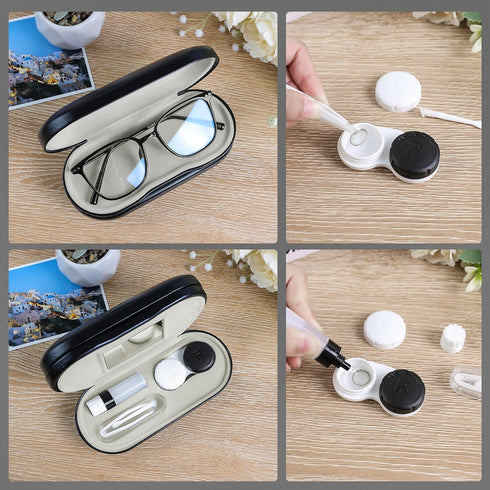 2 in 1 Contact Lens Case and Glasses Case,Double Sided Dual Use Design with Mirror, Tweezer and Contact Lens Solution Bottle,Portable Soak Storage...