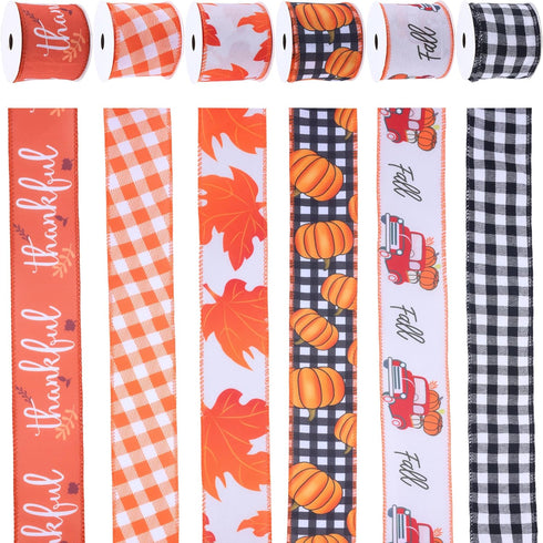 VATIN Fall Wired Ribbon 2.5 inch X 90 Feet, Buffalo Plaid/Pumpkin/Maple Leaves/Truck/Thankful Pattern Burlap Ribbon, Fall Thanksgiving Theme Ribbo...