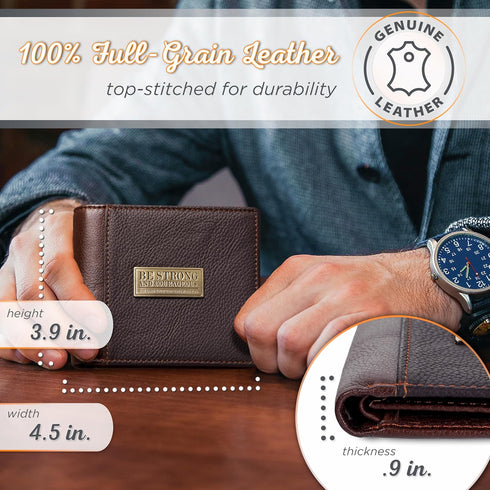 Christian Art Gifts Genuine Leather Wallet for Men | Strong and Courageous with Brass Inlay “ Deuteronomy 31:6 Bible Verse | RFID Quality Classic ...