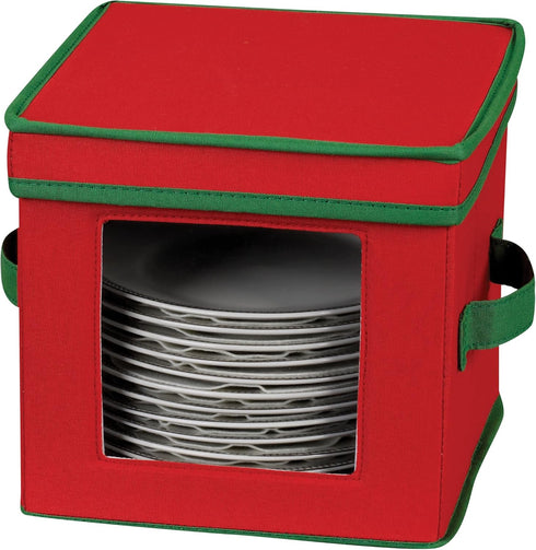 Household Essentials 532RED Holiday China Dinnerware Storage for Dessert Plates or Bowls | Removable Lid | Red Canvas with Green Trim...