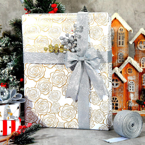 Glitter Ribbon Glitter Wired Edge Ribbon Waterproof Sparkly Ribbon Garland for Gifts Wrapping Cards Crafts Wreaths Holiday Wedding Party Home Chri...