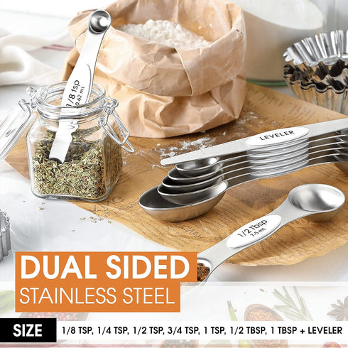 Spring Chef White Stainless Steel Magnetic Measuring Spoons Set of 8 with Leveler, Dual Sided Metal Teaspoon & Tablespoon Measuring Spoons, Fits i...