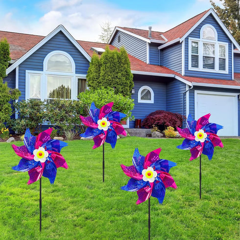timecity 4 PCS Pinwheels Rose Red & Dark Blue Wind Spinners 9.5inch Sparkly Garden Pinwheel Reflective Windmills Scare Birds Animal Away Spinner f...