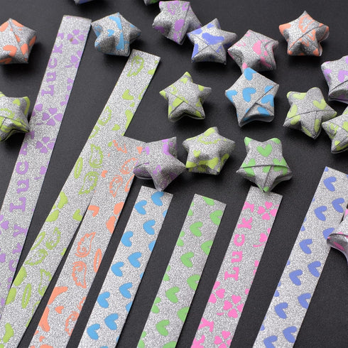Star Paper Strips, 360pcs Glitter Luminous Lucky Star Origami Paper Folding Strips Peach Heart Four Leaf Grass Little Angel Pattern Crafts Folding...