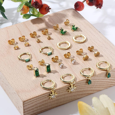 HAIAISO 10 Pairs 14K Gold Plated Huggies Hoop Studs Earrings for Women Small Dangle Hoop Earrings Gold Green Earrings Set for Multiple Piercing...