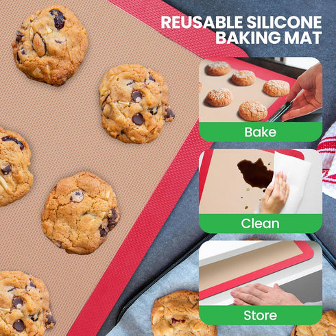 Nutrichef Silicone Baking Mats - 2 Non-stick Food-Grade Reusable Silicone Mats - Perfect for Half Baking Pans 16.5 x 11.6 IN - Oven-Safe Up to 480...