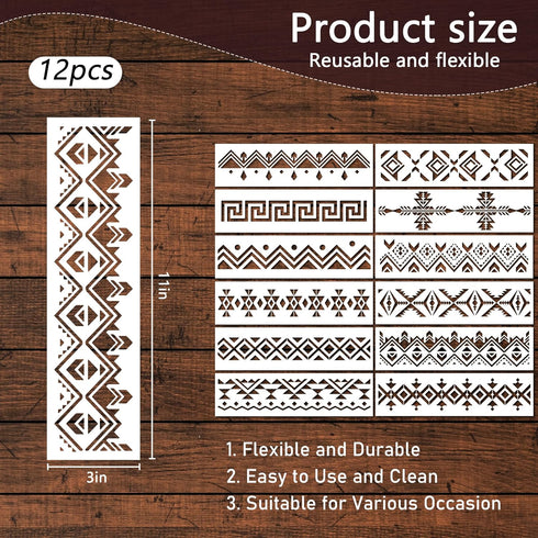 Aztec Stencils for Painting - 12 Pcs Boho Borders Pattern Stencils for Painting, Reusable DIY Stencils for Painting on Wood Canvas Wall, Basic Azt...