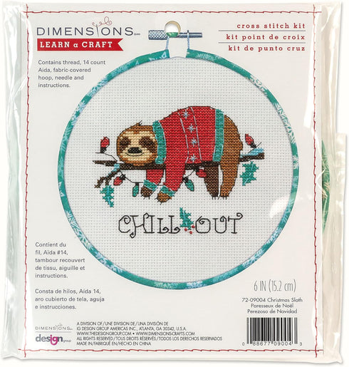 Dimensions 72-09004 Holiday Sloth Christmas Counted Cross Stitch Kit for Beginners, 6" D, 14 Cnt. White Aida, 5pcs...