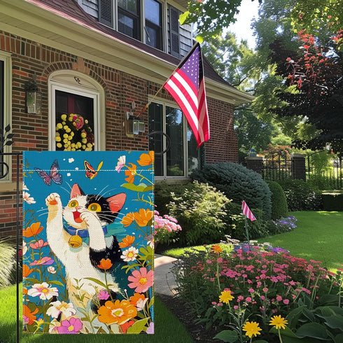Summer Cat Garden Flag, Flower Butterfly Garden Flag, 12x18 Inch Vertical Double Sided Burlap, Welcome Holiday Yard Lawn Flag, Outdoor Patio House...