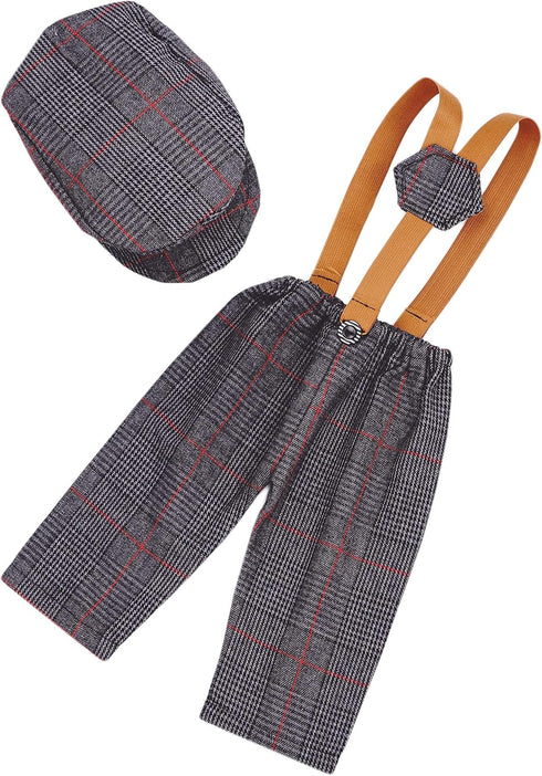 Coberllus Newborn Baby Photography Photo Props Checked Fabric Boys Flat Cap & Suspender Pants Romper Photography...
