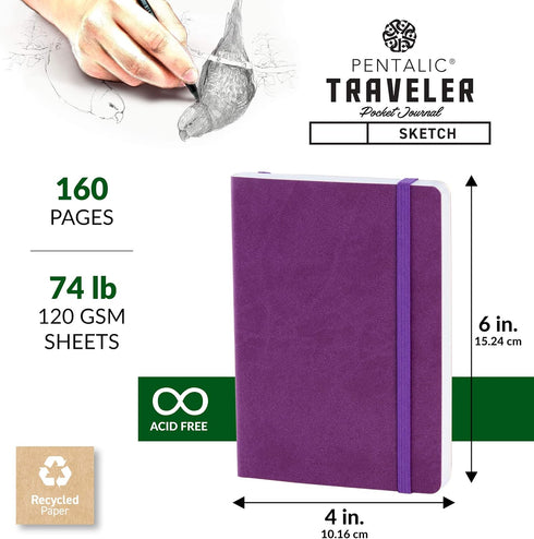 Pentalic 4" x 6" Pocket Sketchbook Traveler Journal, 160 Pages, Purple...